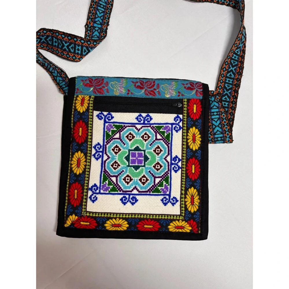 Hmong Embroidered Crossbody Bag Floral Boho Tribal Needlepoint Messenger Purse